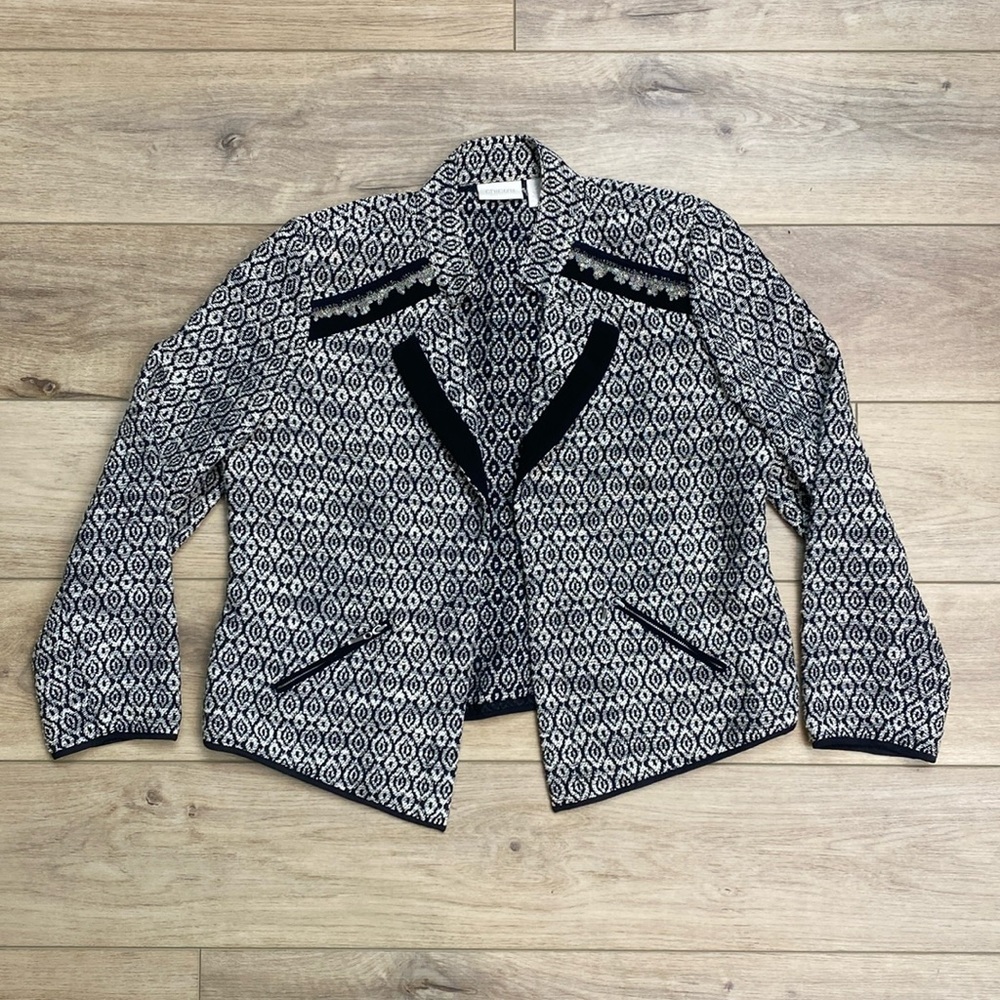 Chicos Diamond Tweed Statement Blazer Zippers Fringe Black White Contemporary L